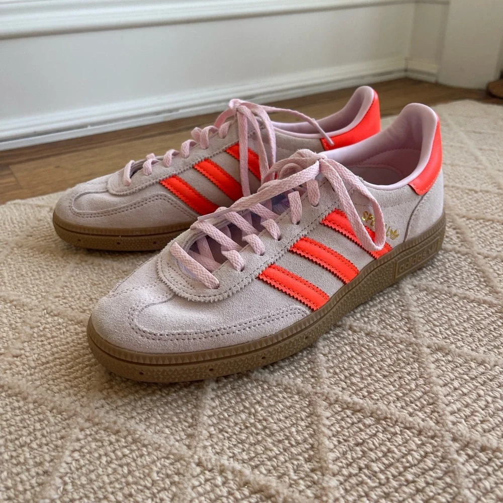 Adidas Spezial Suede Sneakers in Light Pink with Neon Orange Stripes - Picture 1 of 6
